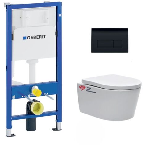 Pack WC Bati Geberit UP100 + WC sans bride Swiss Aqua Technologies + Abattant softclose + Plaque Noir brillant
