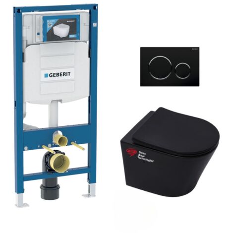 Pack WC Bati Geberit + WC suspendu Swiss Aqua Technologies sans bride + abattant SoftClose + plaque noire (GebBlack