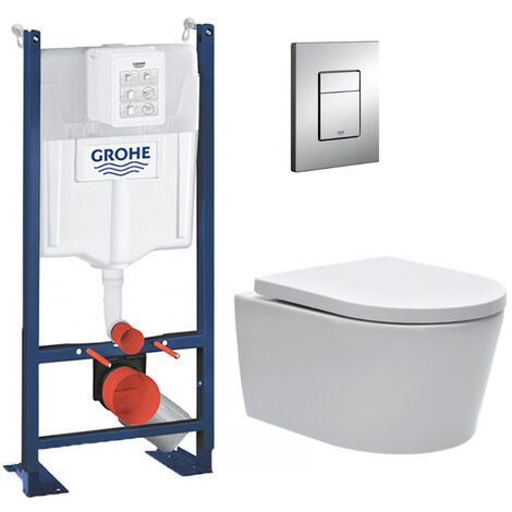 Pack WC Bâti-support autoportant GROHE + WC Swiss Aqua Technologies sans bride + Plaque chrome (ProjectSATrimless-1)