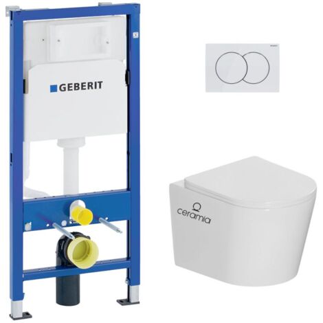 GEBERIT Pack WC bâti-support Duofix UP100 + WC suspendu Ceramia Tornado Rimless + abattant SoftClose + plaque blanche (CETORGEB1)