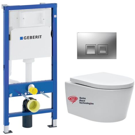 Pack WC bati-support Geberit + cuvette suspendue Swiss Aqua Technologies sans bride + plaque (SATRIMLESSGEB2)
