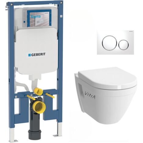 Pack WC Bati-support Geberit + Cuvette suspendue Vitra S50 + Abattant frein de chute + Plaque  blanche et chrome