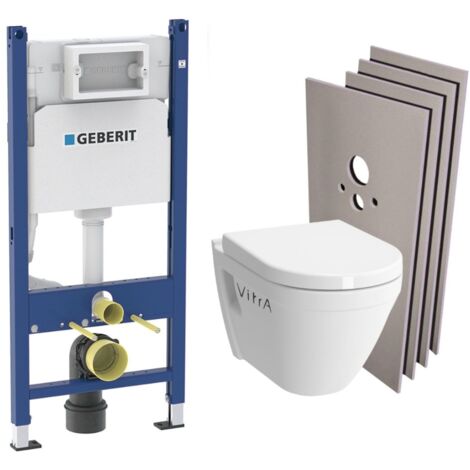 Pack WC Bati-support Geberit + Cuvette suspendue Vitra S50 + Abattant frein de chute + Plaque blanche + Set d'habillage S50Geb3-