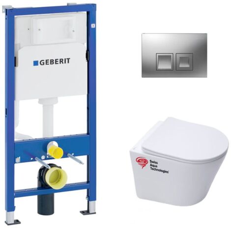 Pack WC bati-support Geberit + Cuvette Swiss Aqua Technologies sans bride fixations invisibles + plaque chrome (INFINITIOGEB2)