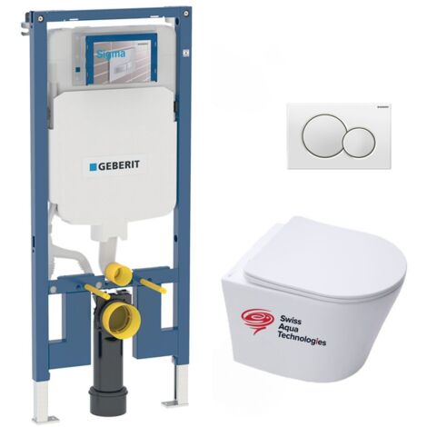 Pack WC bati-support Geberit + Cuvette Swiss Aqua Technologies sans bride + Plaque blanche (SLIM-INFINITIO-B)