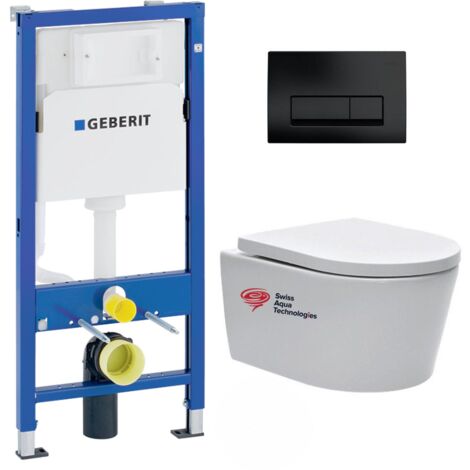 Pack WC bâti-support Geberit + cuvette Swiss Aqua Technologies sans bride + plaque noir mat (SATRIMLESSGEB10)