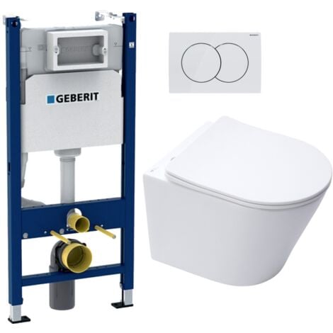 Pack WC Bati-support Geberit Duofix + Cuvette SAT Infinitio sans bride blanc mat + Abattant frein de chute + Plaque blanche