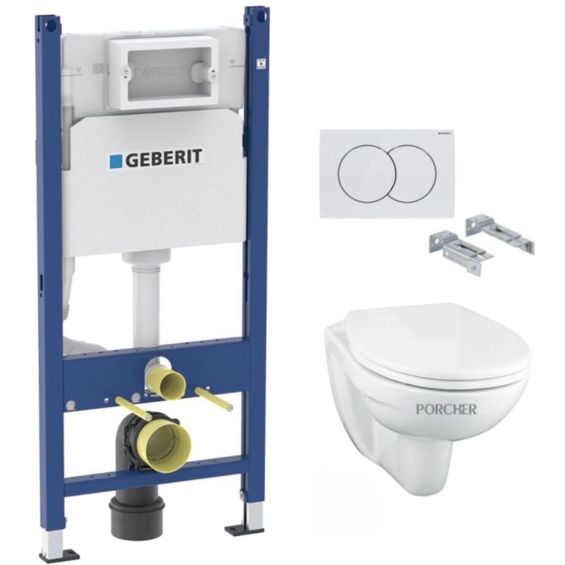 Geberit - Pack wc Bati-support Duofix + Cuvette suspendue Porcher sans bride + Abattant Ideal Standard astor + Plaque blanche (Por