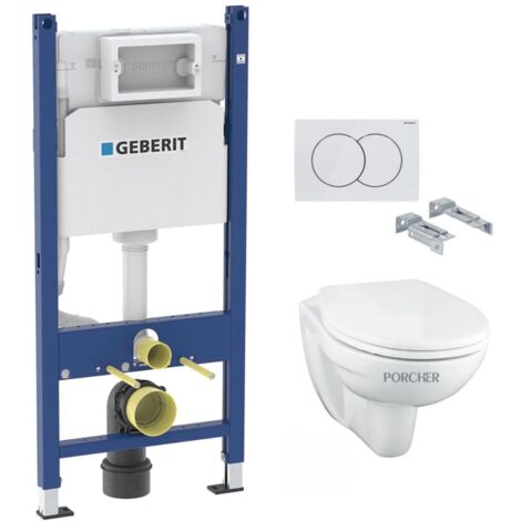 Pack WC Bati-support Geberit Duofix + Cuvette suspendue Porcher sans bride + Abattant Ideal Standard ASTOR + Plaque blanche (Por