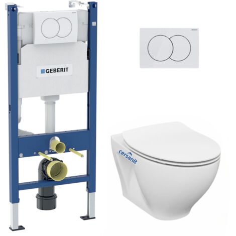 Pack WC Bati-support Geberit Duofix + WC Cersanit Moduo cuvette suspendue sans bride + abattant SoftClose + Plaque blanche (Modu