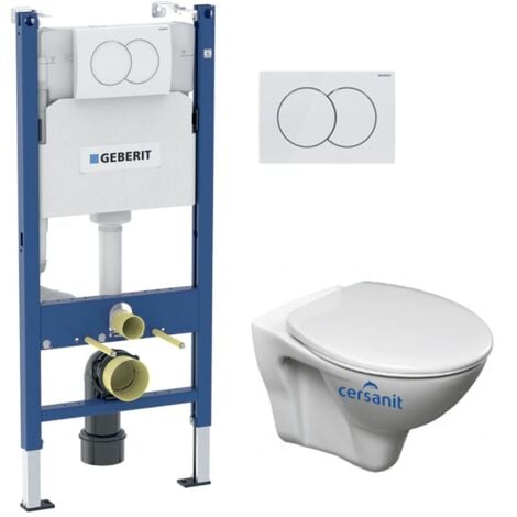 Pack WC Bati-support GEBERIT Duofix + WC Cersanit S-line Pro + Abattant + Plaque blanche (S-LineProGeb3)