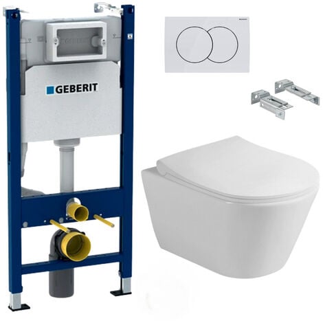 Pack WC Bati-support GEBERIT Duofix + WC sans bride Lucco Avva + Abattant softclose + Plaque blanche (AvvaGeb3)