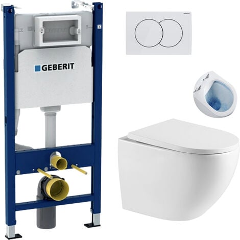 Pack WC Bati-support Geberit Duofix + WC sans bride SAT Fusion + Abattant softclose + Plaque Blanche