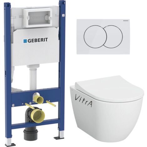 Pack WC Bati-support Geberit Duofix + WC sans bride Vitra S60 + Abattant SoftClose + Plaque Blanche (S60Geb3)