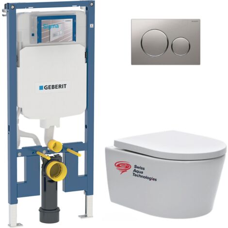 Pack WC Bati-support Geberit extra-plat + WC sans bride Swiss Aqua Technologies + abattant softclose + Plaque