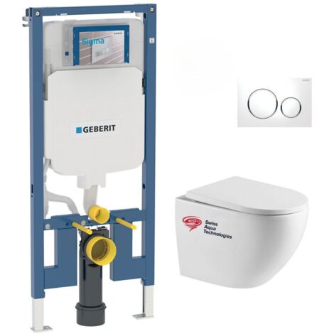 Pack WC Bati-support Geberit extra-plat + WC sans bride Swiss Aqua Technologies + Plaque