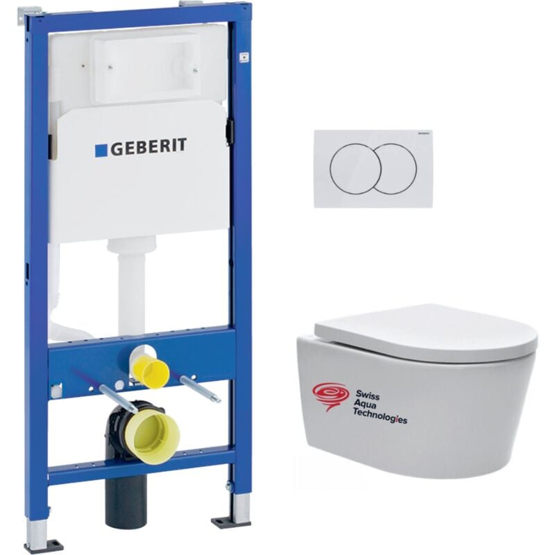 Geberit - Pack wc bati-support + wc Swiss Aqua Technologies sans bride + plaque blanche (SATrimlessGeb1/BP)