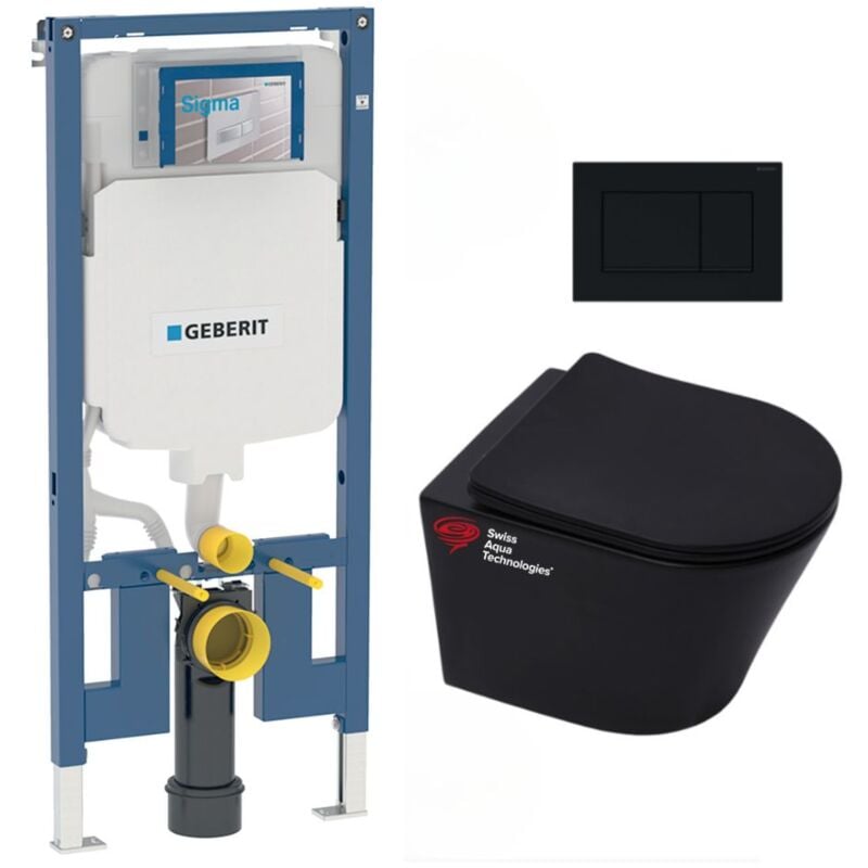 Pack wc Bati-support Geberit UP720 slim + wc Swiss Aqua Technologies sans bride + Abattant softclose + Plaque Noir mat