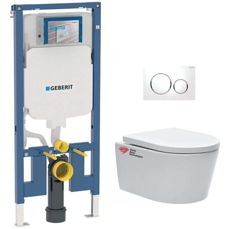 Geberit - Pack wc bati-support + wc Swiss Aqua Technologies sans bride + abattant + plaque blanche (slimsatcbp)
