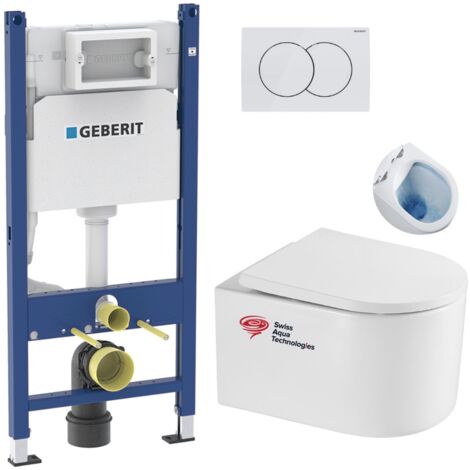 Pack WC Bâti-support Geberit + WC sans bride Swiss Aqua Technologies + abattant SoftClose + plaque