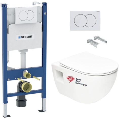 Pack WC bati-support Geberit + WC sans bride Swiss Aqua Technologies + abattant SoftClose + plaque Blanche (ProjectGeb3)