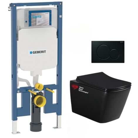 Pack WC Bati-support Geberit + WC sans bride Swiss Aqua Technologies + abattant SoftClose + plaque noire (SLIMSBLINFIA)