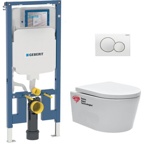 Pack WC bati-support Geberit + WC Swiss Aqua Technologies sans bride + abattant + plaque (SLIM-SATRIMLESS-B)