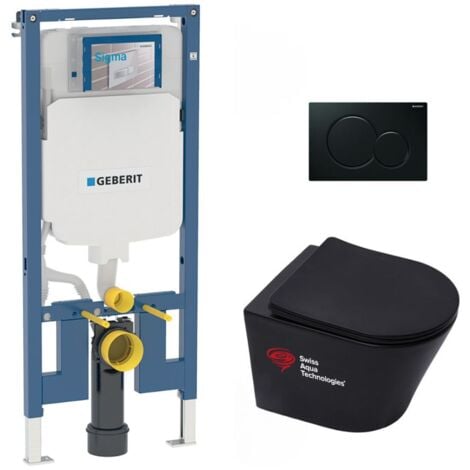 Pack WC bâti-support Geberit + WC Swiss Aqua Technologies sans bride + abattant SoftClose + plaque (SLIM-BlackInfinitio-A)