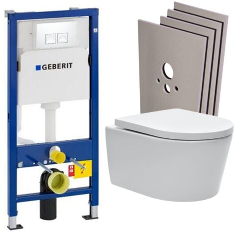 Pack WC Bati-support Geberit + WC Swiss Aqua Technologies sans bride + Plaque blanche + Set habillage (SATrimlessGeb1-sabo)