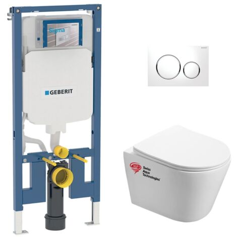 Pack WC Bati-support Geberit + WC Swiss Aqua Technologies sans bride + Plaque blanche (SLIM-INFINITIO-C)