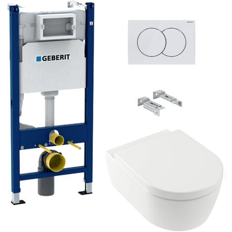Geberit Pack WC Bâti support + WC Villeroy & Boch ArceauRimless + abattant SoftClose + Plaque Blanche (ArceauRimlessGeb3)