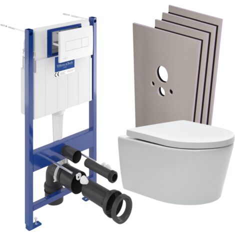 Pack WC bâti-support Villeroy & Boch + WC SAT sans bride + Abattant softclose + Plaque blanche + Set d'habillage