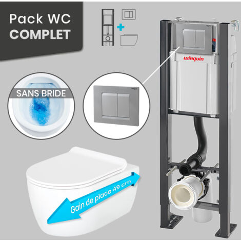 Pack WC Bâti universel Wirquin Pro + Cuvette COMPACT sans bride 49 cm + Plaque chrome mat