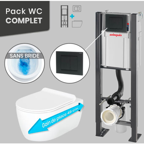 Pack WC Bâti universel Wirquin Pro + Cuvette COMPACT sans bride 49 cm + Plaque noir mat