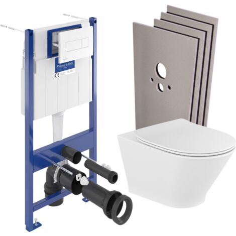 Pack WC Bâti Villeroy & Boch + WC Roca sans bride fixations invisibles + Plaque blanche + Habillage (ViConnectGap-2-sabo)