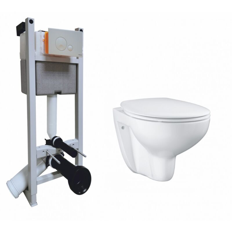 Regiplast - Pack wc Bâti-support + plaque Blanche + cuvette suspendue Bau Ceramic
