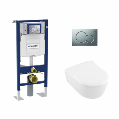 Pack WC Geberit UP320 + Cuvette AVENTO Villeroy & Boch + Plaque Chromé Brillant