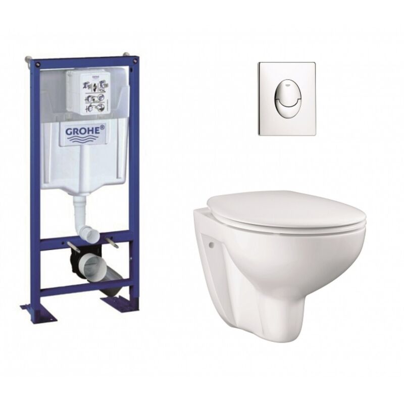 Pack wc Grohe Rapid sl + Cuvette Grohe sans bride Bau Ceramic + Plaque Chromée