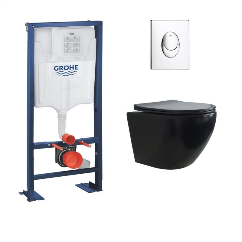 Grohe - Pack wc Rapid sl + Cuvette sans bride kelos Noir Mat + Plaque Skate Air Chromé