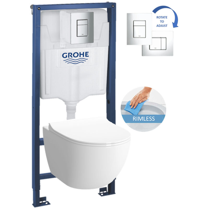 Toilet Set + vitra sento RimEx Bowl with softclose seat + Chrome flush plate ( SENTOrimless) - Grohe