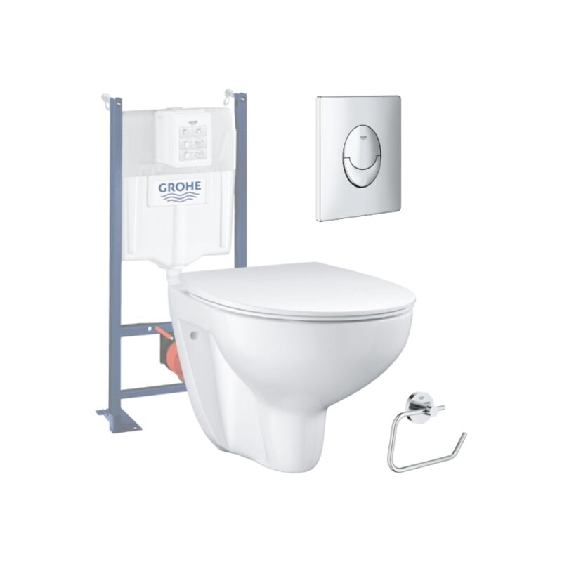 Pack wc sans bride Bau Ceramic Slim + abattant + Bati support autoportant + Plaque commande ovale chromé + Dérouleur papier