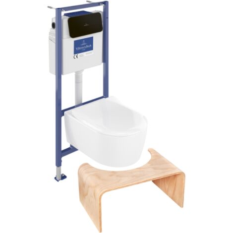 Pack WC sans bride VILLEROY ET BOCH Avento + Bâti support + abattant frein de chute + plaque noir mat  + Tabouret bois