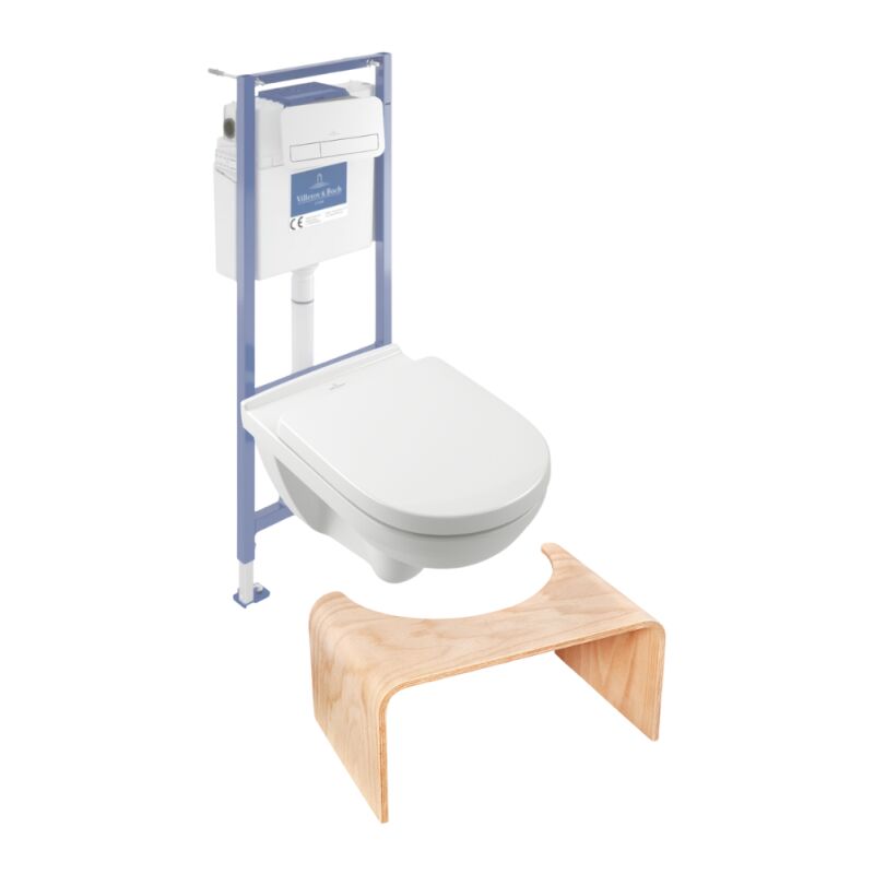 Villeroy&boch - Pack wc sans bride villeroy et boch o novo avec abattant frein de chute + bâti Viconnect pro + plaque blanche + Tabouret bois
