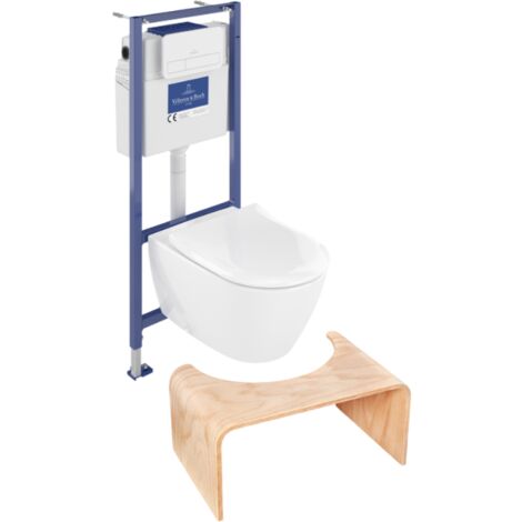 Pack WC sans bride VILLEROY ET BOCH Subway 2.0 abattant frein de chute + bâti-support sol et mur + plaque Chromé + Tabouret bois