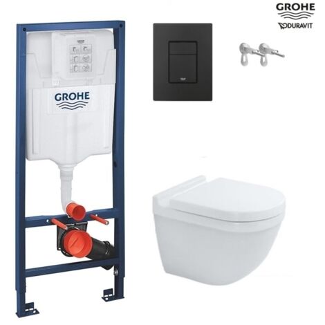 Pack  WC suspendido con bastidor Grohe Rapid c/pulsador negro mate c/wc starck 3 blanco brillo suspendido rimless duravit