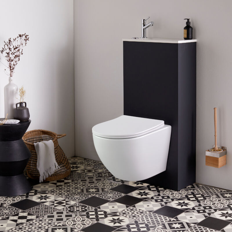 Pack wc suspendu avec lave-mains intégré + Cuvette gain de place sans bride corolla