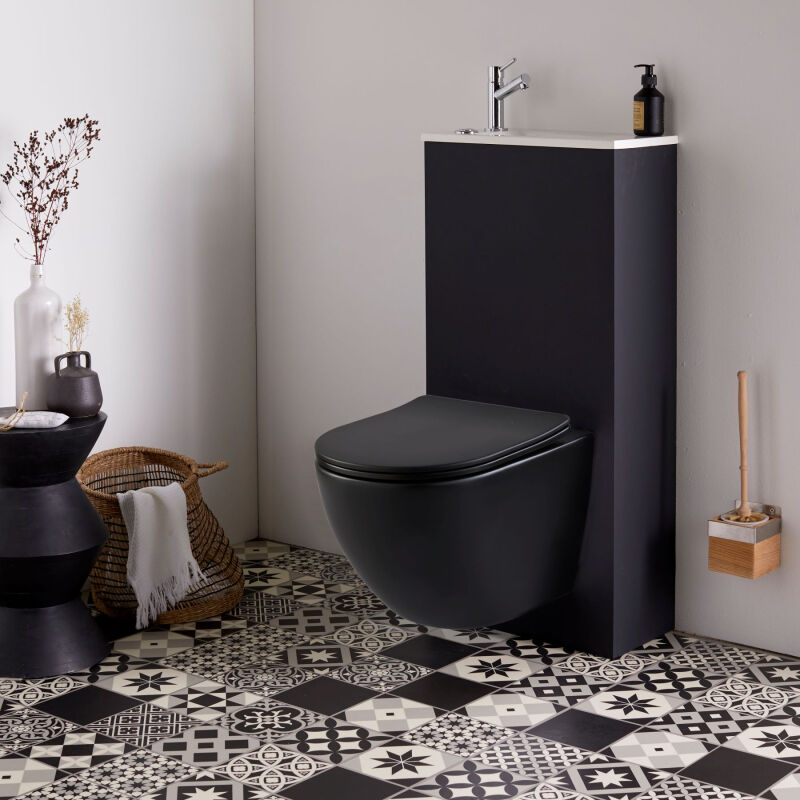Godart - Pack wc suspendu avec lave-mains intégré + cuvette gain de place sans bride corolla Noir mat