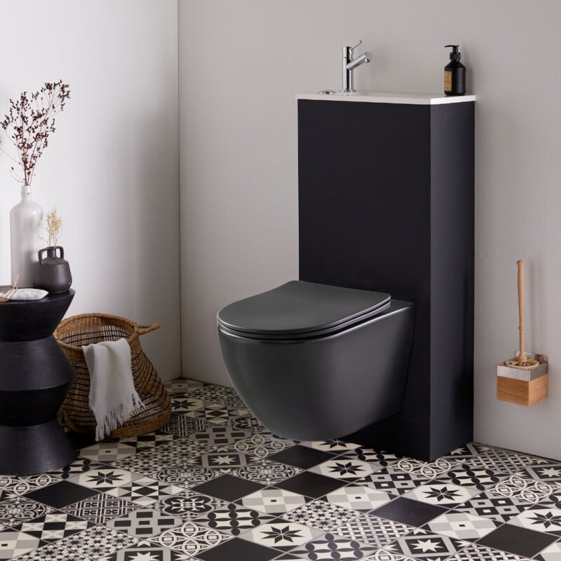 Pack wc suspendu avec lave-mains intégré + cuvette sans bride noir mat fixations invisibles cyrus