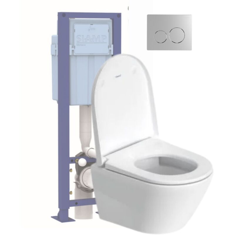 Pack wc suspendu compact sans bride Duravit D-Neo avec abattant frein de chute + bati support siamp + Plaque de commande chromée