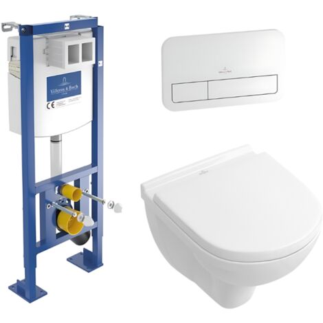 Pack WC suspendu compact sans bride VILLEROY ET BOCH O.novo + abattant + plaque blanche + bâti
